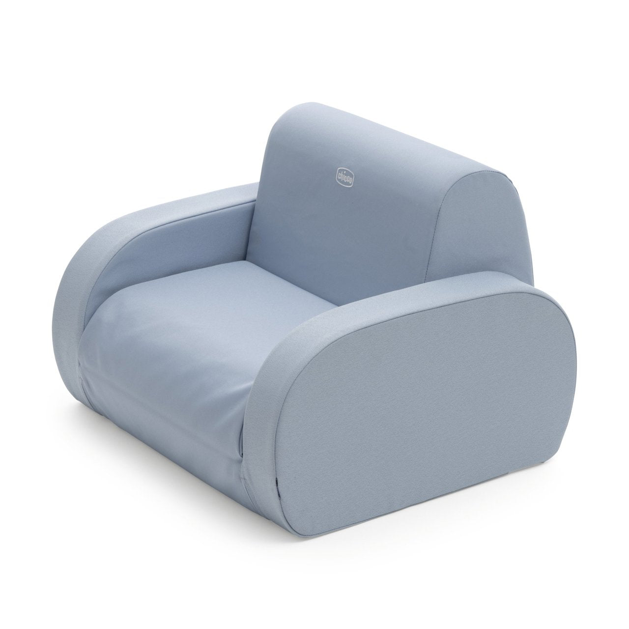 poltroncina Twist azzurra morbida e trasformabile per bambini dai 12 mesi, con design moderno e facile da pulire