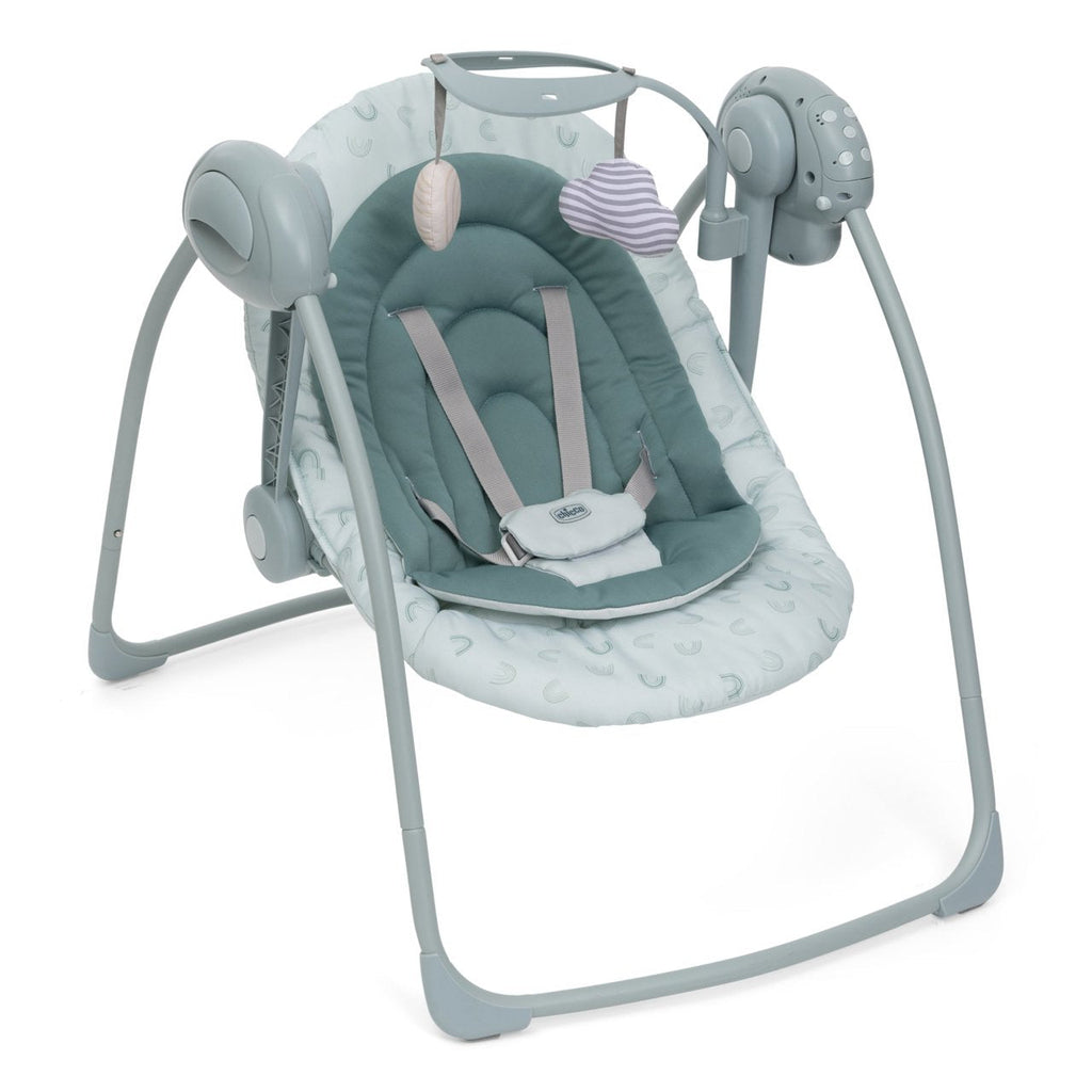ALTALENA SWING Chicco baby swing with adjustable backrest, removable toy bar, soothing melodies, compact fold, and battery/USB power options