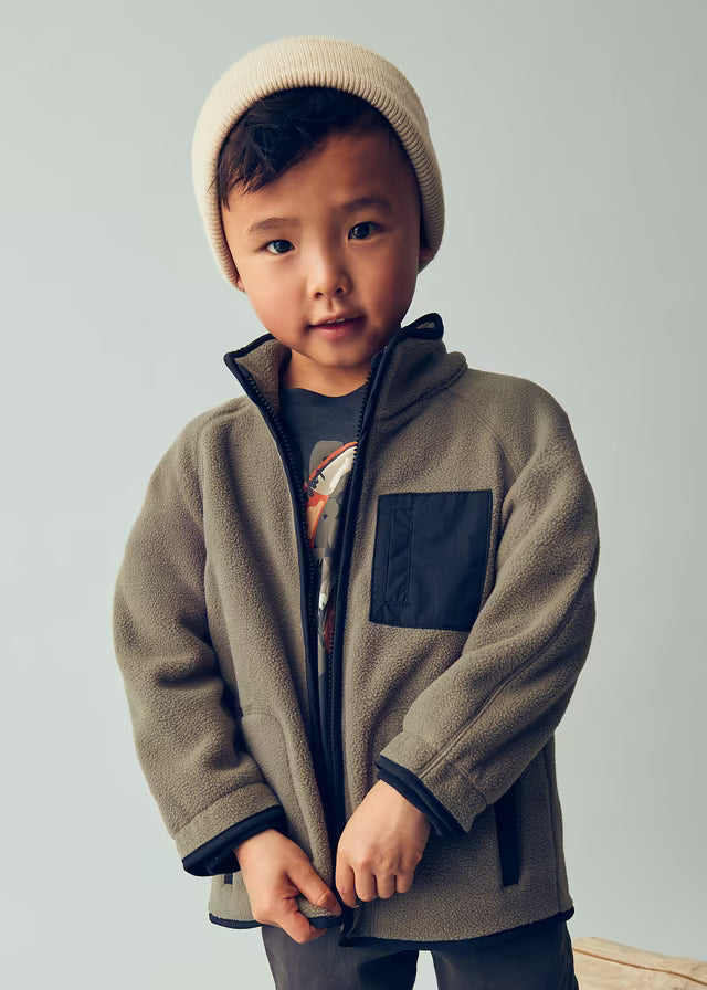Felpa pile Mayoral boy with long sleeves, soft warm fabric, zipper closure, and zippered pockets.