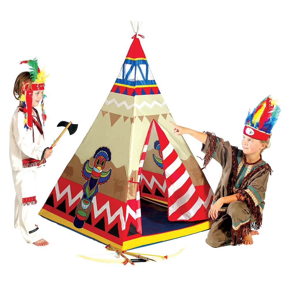 Tenda degli Indiani gioco in nylon con bambini travestiti da indiani, misura 100x100x142 cm per età 2+
