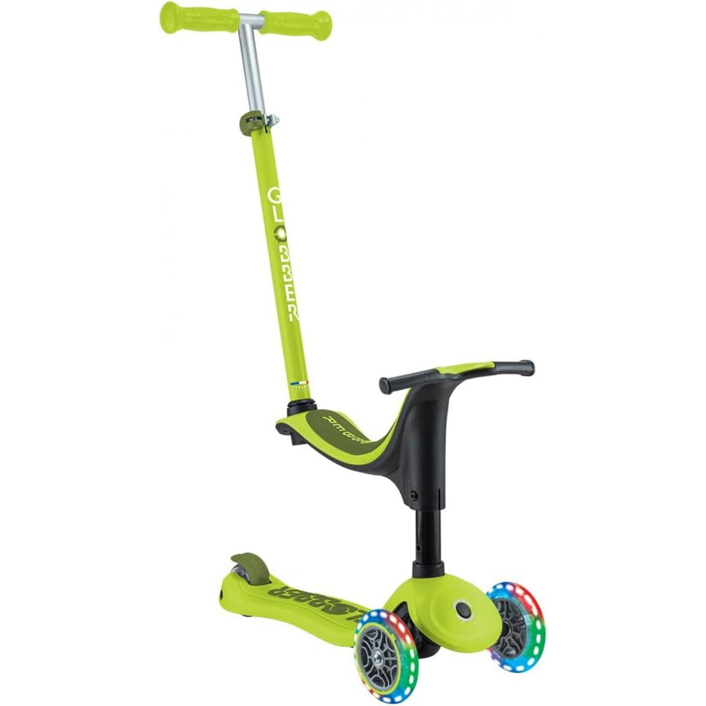Monopattino Globber Go Up multifunzione verde con luci LED, sedile regolabile e ruote in PU per bambini.