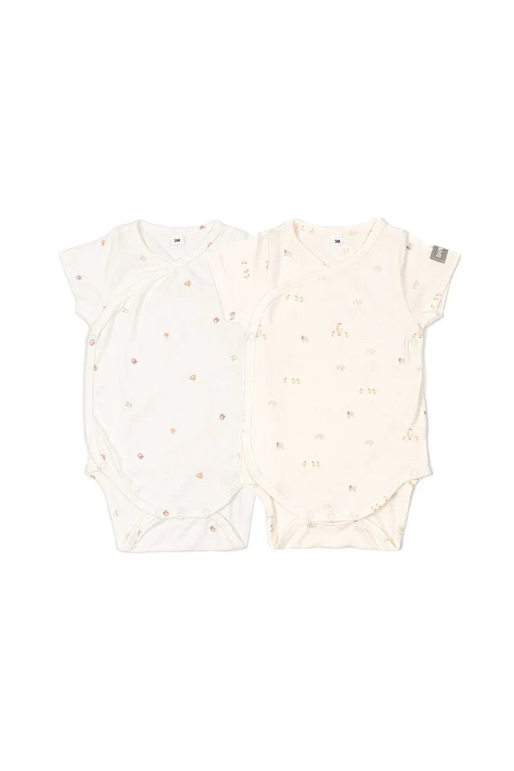 Set di 2 body fantasia per neonati in tessuto morbido di bambù, con apertura incrociata e a spalla, certificati OEKO-TEX.