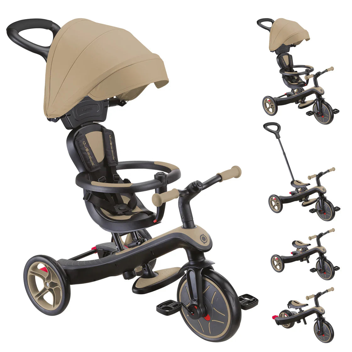 GIOCO TRICICLO EXPLORER beige triciclo trasformabile per bambini da 10 mesi a 5 anni con casco parasole e sicurezza a 5 punti