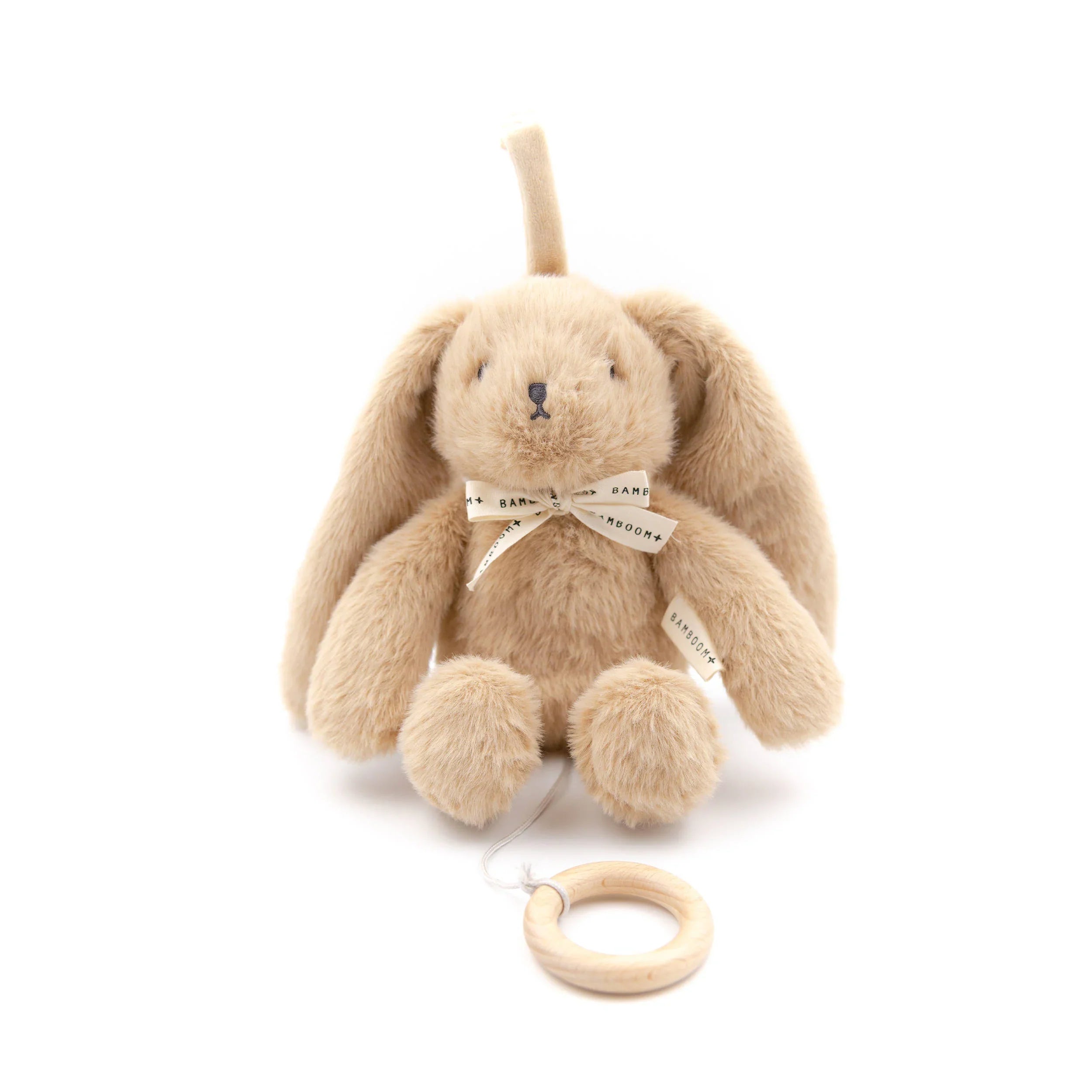 Soft beige bunny music box with wooden ring pull for baby sleep aid Carillon Coniglietto