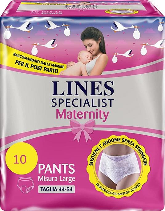 assorbenti lines maternity large post parto 10 pezzi taglia 44-54 assorbenza alta e comfort addome dermatologicamente testati