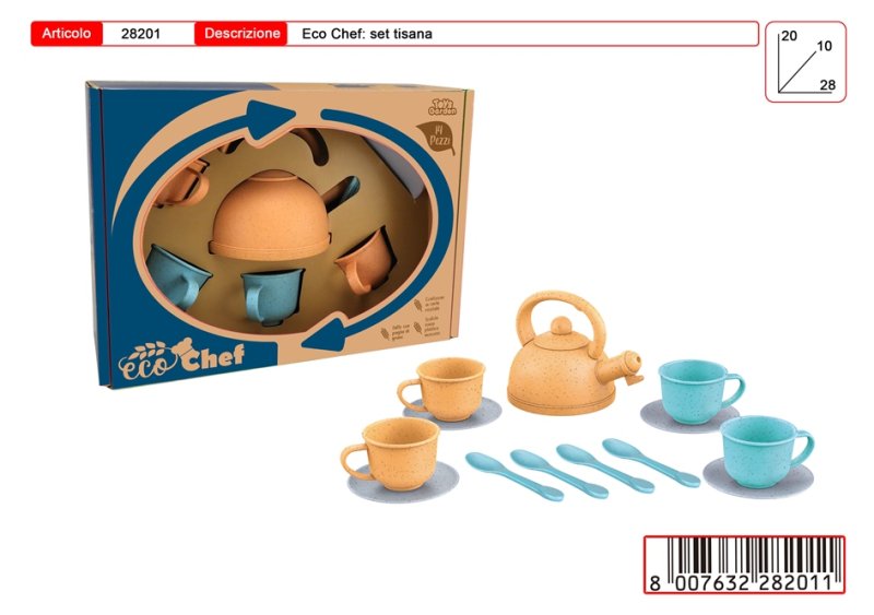 GIOCO CHEF ECO BOLLITORE tea set with kettle, cups, and spoons in eco-friendly packaging