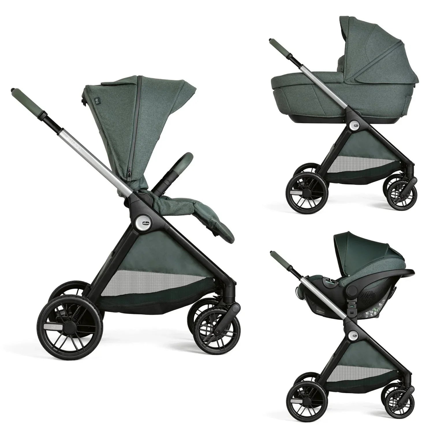 Trio Bellagio passeggino modulare con navicella e seggiolino auto Kory Plus colore verde scuro