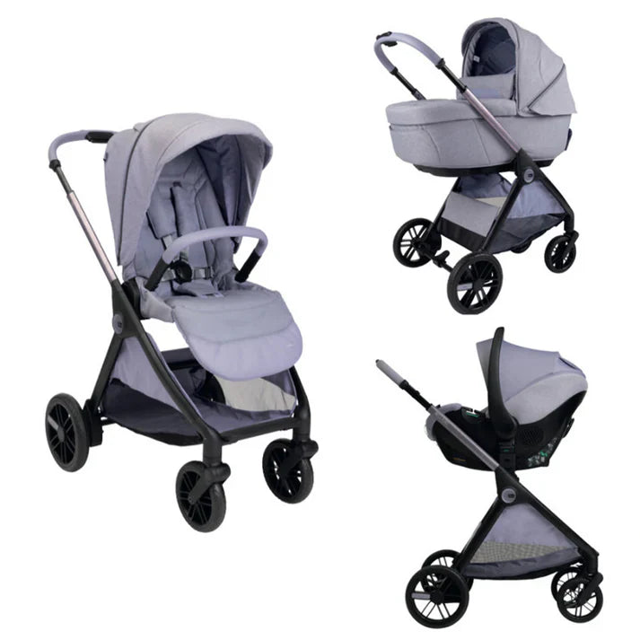 Trio Bellagio Chicco in grigio con passeggino, navicella Gran Comfort e seggiolino auto Kory Plus
