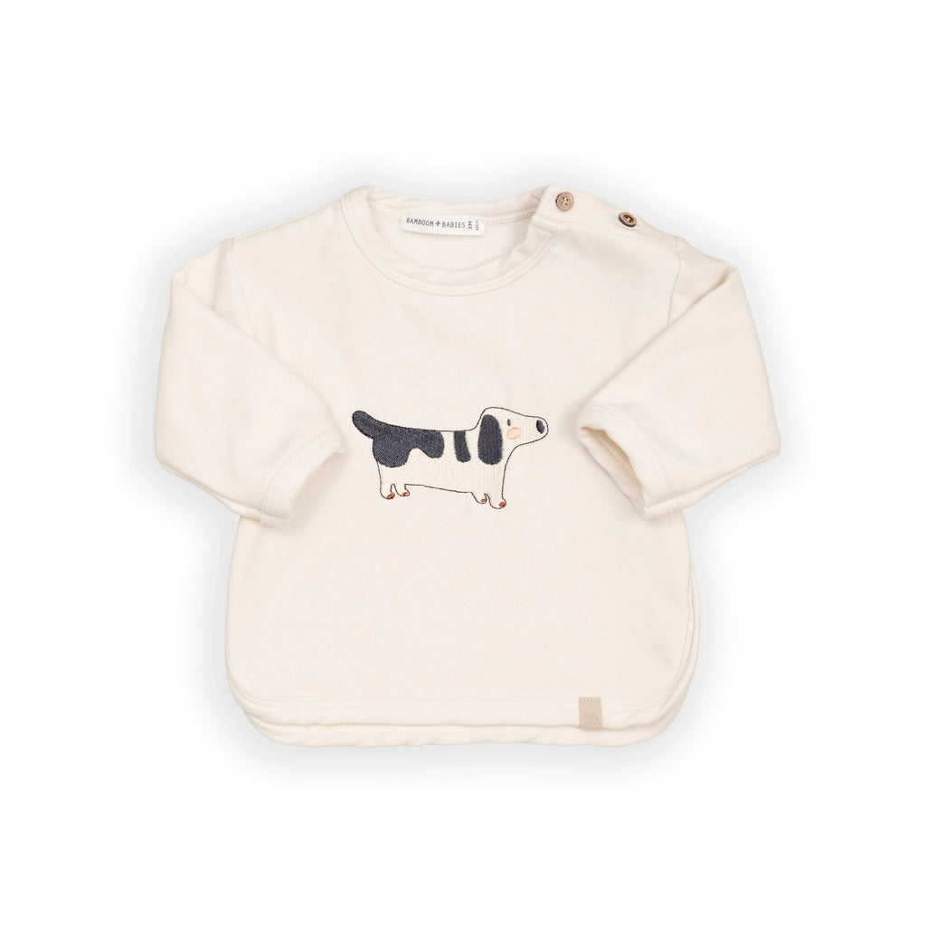 Maglia bimbo in moletone con ricamo bassotto e bottoni sulla spalla, maglia morbida e comoda per bambini