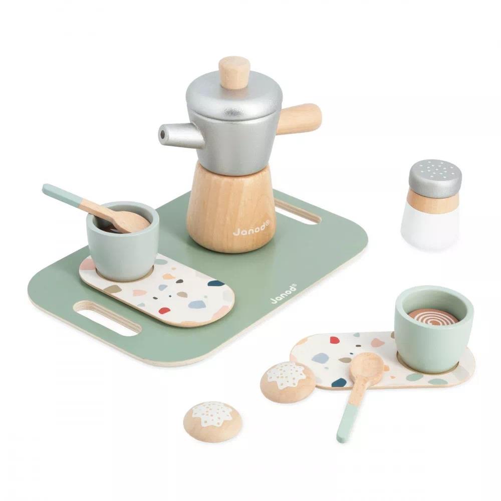 gioco in legno set caffè all'italiana in legno con moka tazzine biscotti e vassoio per bambini