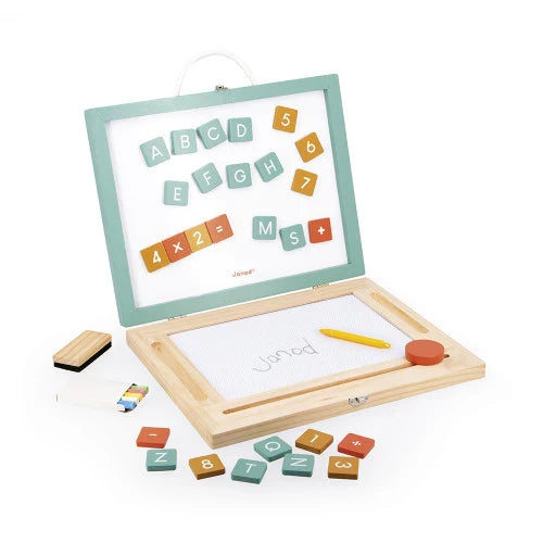GIOCO LAVAGNA VALIGETTA with magnetic letters, chalkboard, and drawing board for kids' educational play.
