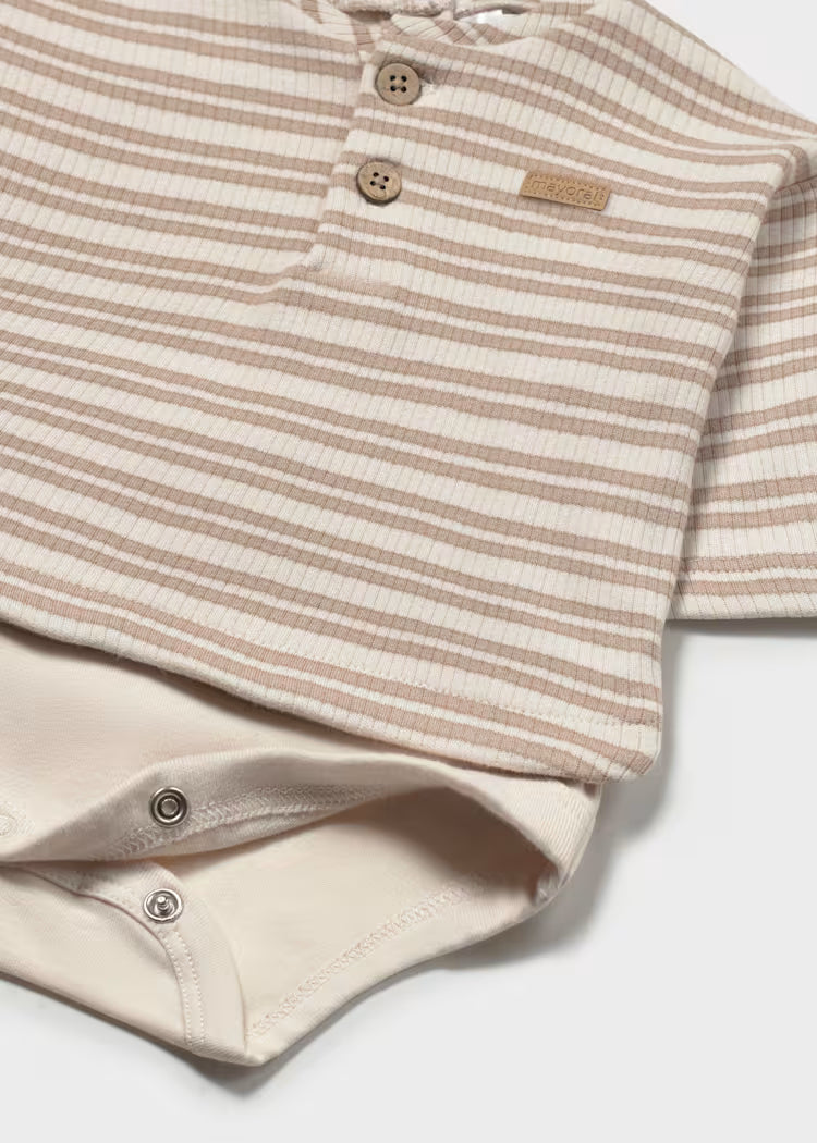 MAGLIETTA M/L A BODY a righe beige e bianco in cotone con elastan, con bottoni e chiusura a scatto sul fondo