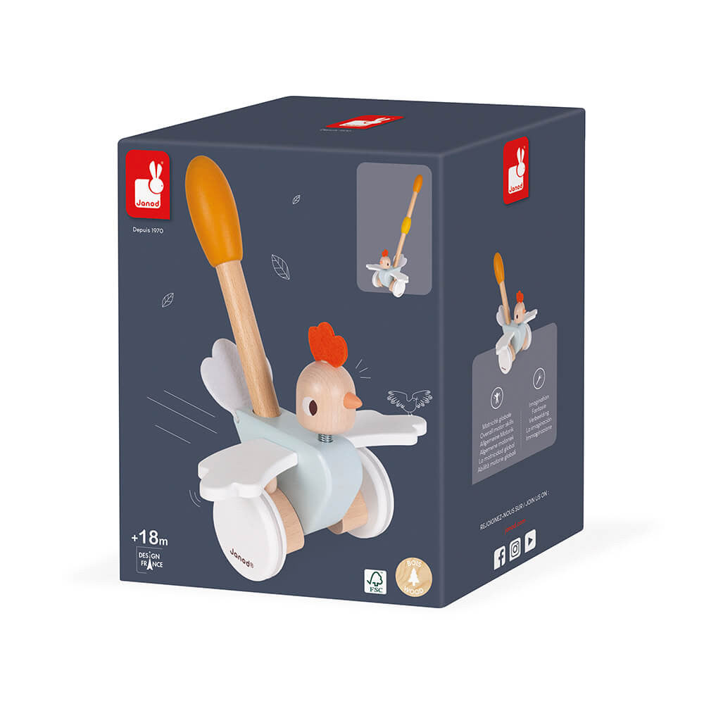 gioco legno gallinella da spingere per bambini 18 mesi manico regolabile ali mobili e feltro morbido
