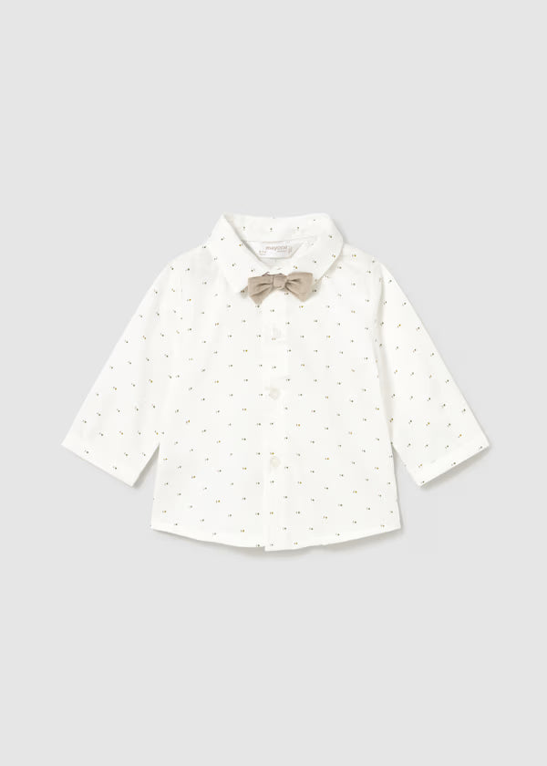 Camicia papillon neonato bianca manica lunga con pattern e fiocco beige elegante