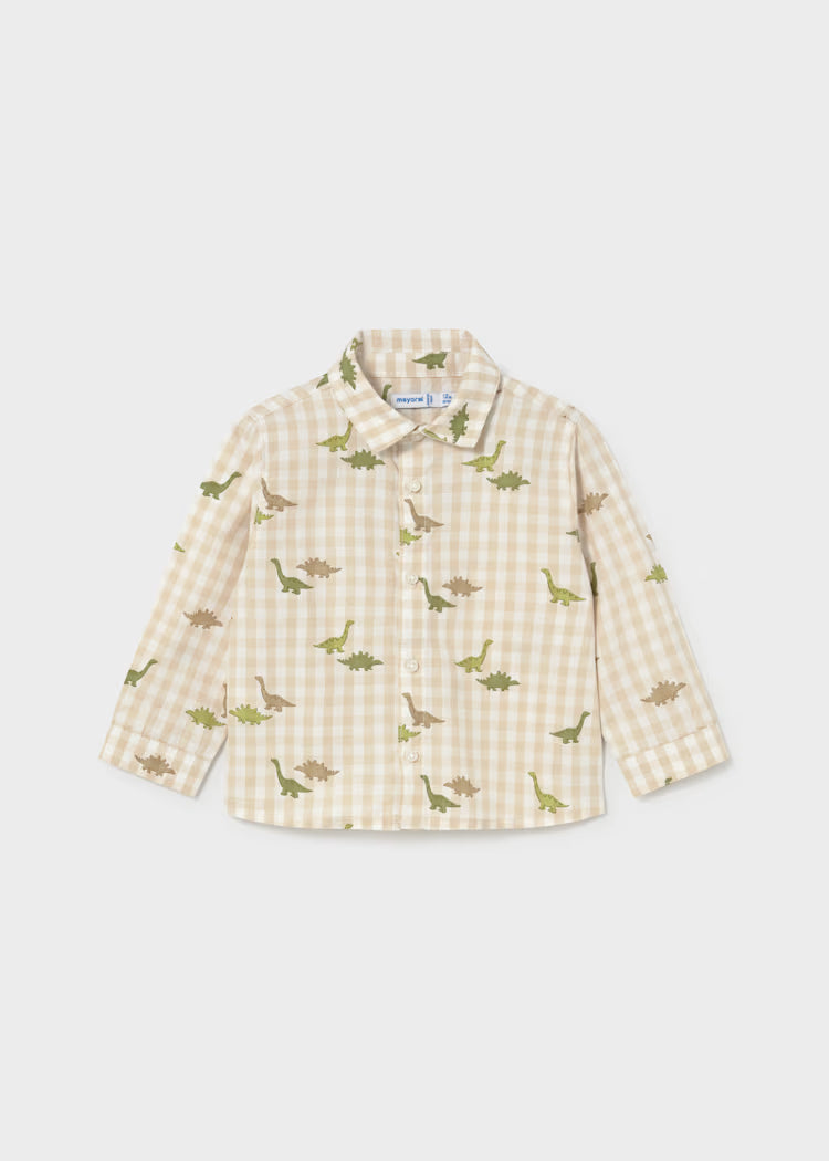 Camicia m/lunga beige a quadri con stampa di dinosauri verdi e marroni in cotone 100% per bambini