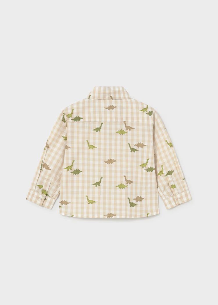 Camicia m/lunga bambino beige a quadri con stampa di dinosauri verdi e marroni in cotone 100%.