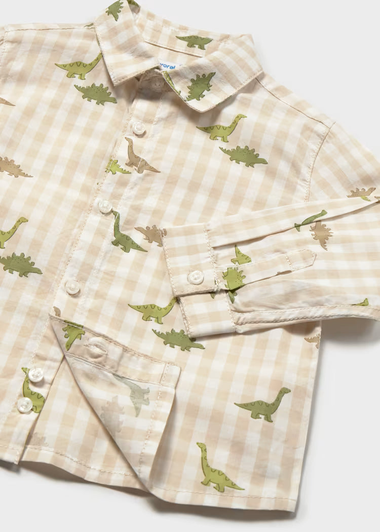 Camicia m/lunga beige a quadretti con stampe di dinosauri verdi e marroni in cotone leggero per bambini