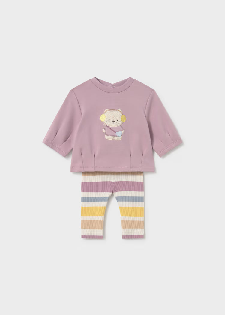 Completo bambina COMPL. 2PZ RIGHE MAYORAL GIRL con felpa rosa con orsetto e leggings a righe colorate in cotone elastan.