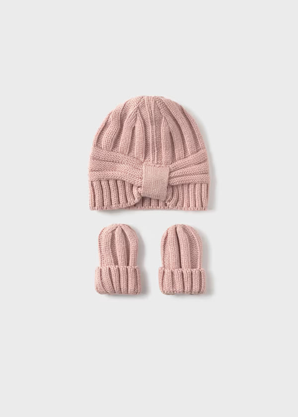 Completo cappello guanti neonata rosa tessuto a costine con fiocco