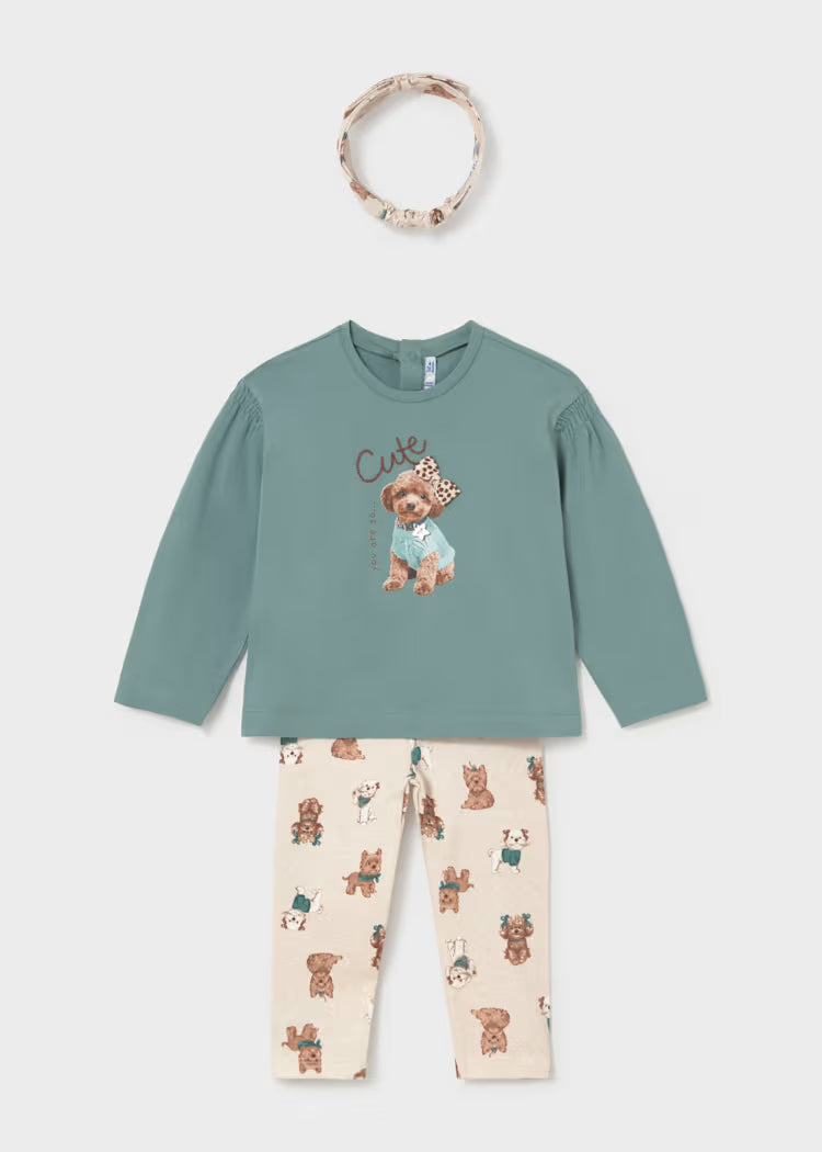 COMPLETTO LEGGINGS con maglia verde acqua a maniche lunghe e pantaloni beige con stampa di orsetti e cerchietto abbinato