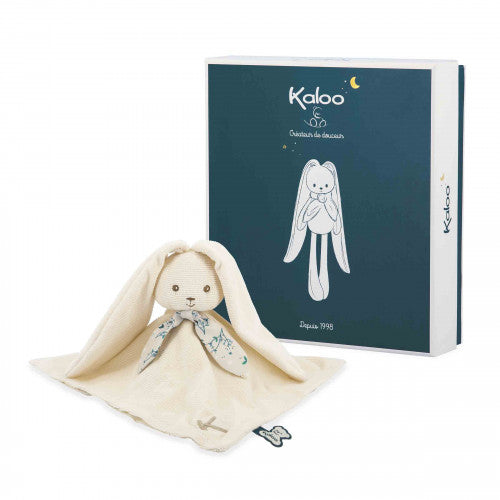 Soft cream-colored Kaloo doudou rabbit toy with long ears and scarf, eco-friendly and washable, gift box included