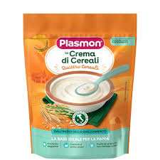 Crema 4 Cereali Plasmon packaging with creamy cereal mix of wheat, rice, barley, and oats for baby food
