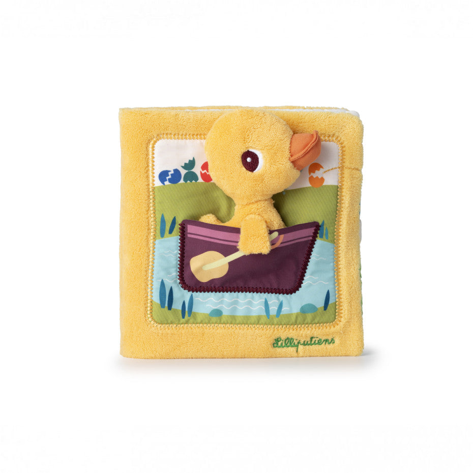 GIOCO LIBRETTO GASPARD soft fabric interactive baby book with yellow duck and colorful farm animal illustrations