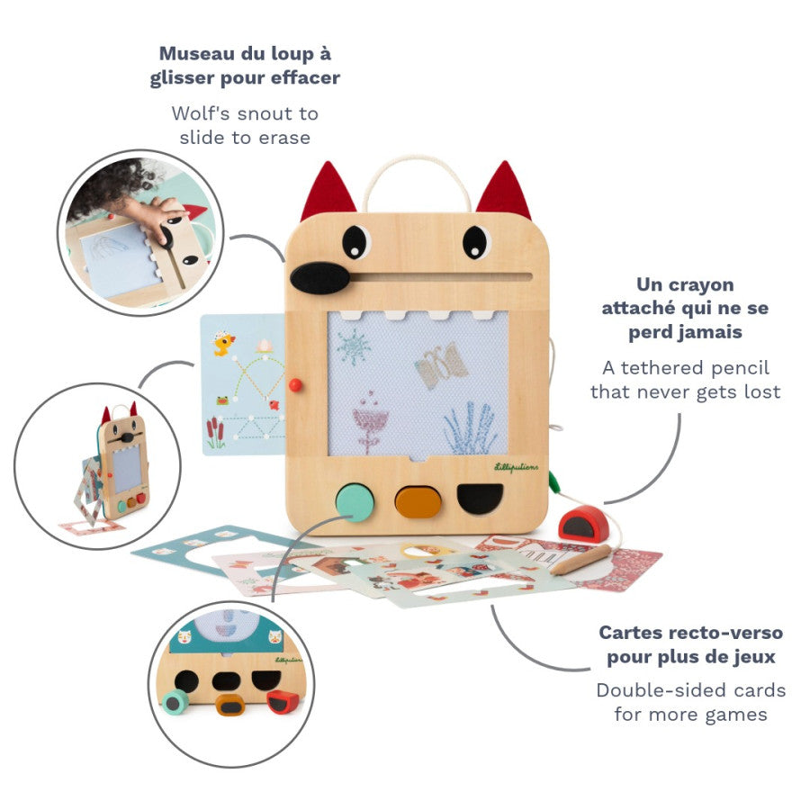 lavagna magica in legno con matita tethered, carte gioco doppio lato e design lupo per bambini piccoli