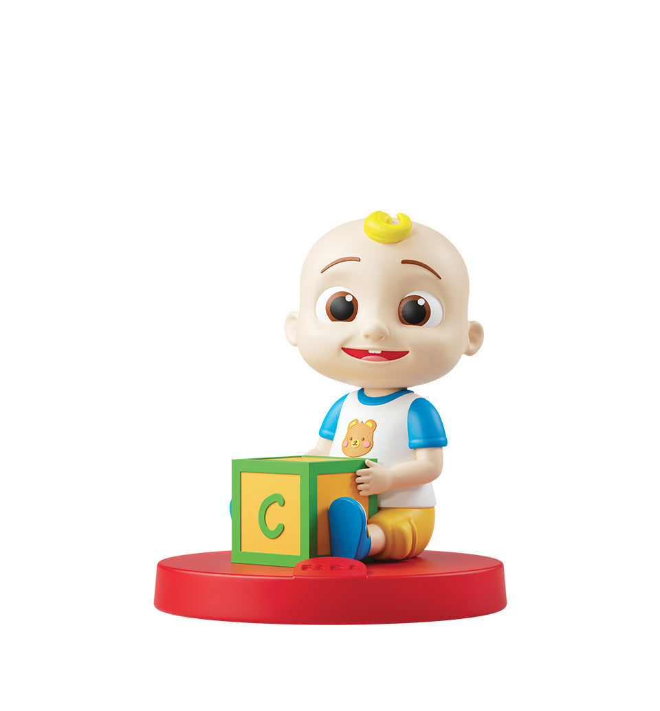 FABA Le Canzoni di Cocomelon sound character toy with baby figure holding block on red base
