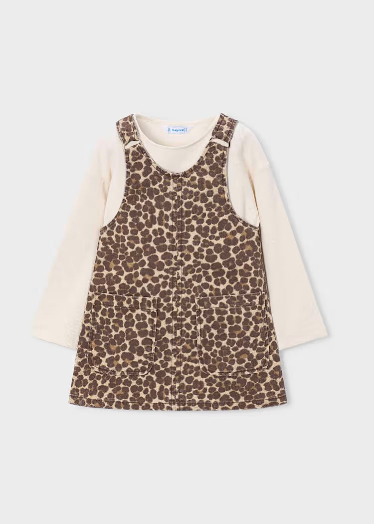 VESTITO SALOPETTE ragazza con gonna salopette marrone a stampa leopardata e maglia maniche lunghe beige in cotone