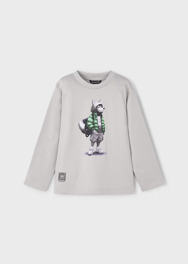 MAGLIA M/L WOLF long sleeve boy's t-shirt with wolf print and interactive QR code for Mayoral video game