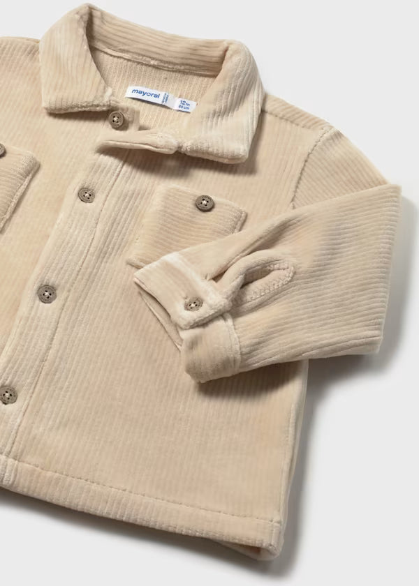 Camicia velluto beige manica lunga per bebé con bottoni e tasche frontali