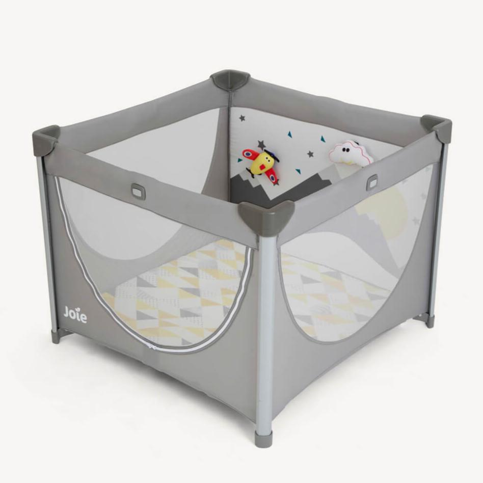 Box Cheer Little Explorer Joie baby playpen with breathable mesh sides, removable mattress, soft toys, and compact fold design