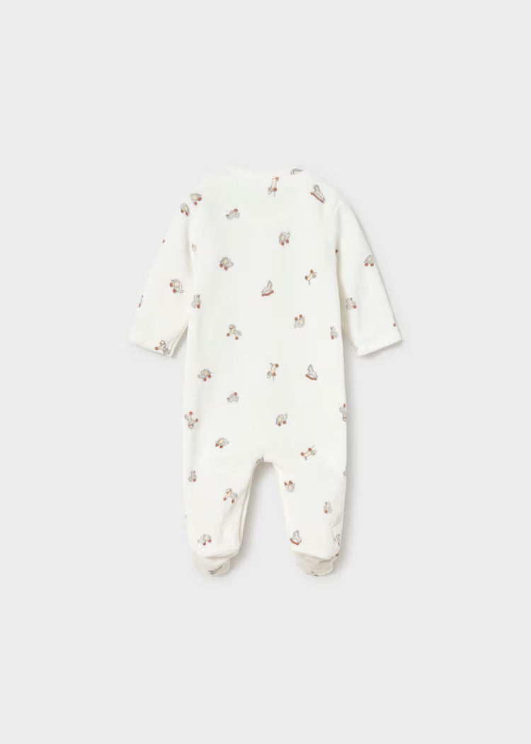 Tutina Ciniglia bianca per neonati con stampa di piccoli giocattoli e chiusura sul retro a scatto