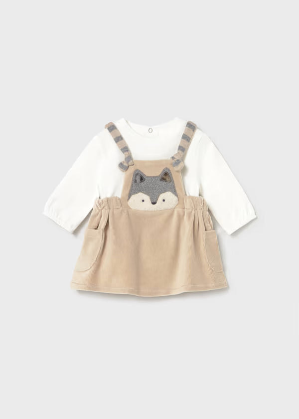 Pagliaccetto Mayoral girl beige dress with long sleeve white top and fox applique front