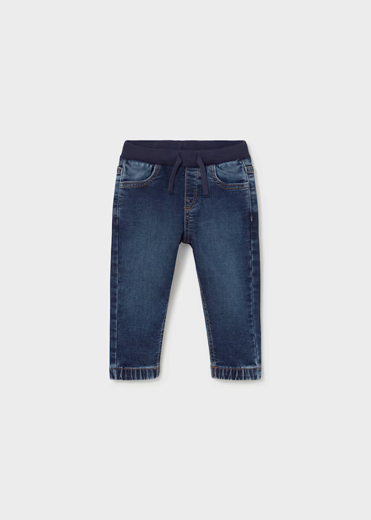 Pantalone bambino PANTALONE SOFT DENIM JOGGER blu scuro in tessuto misto cotone con elastico in vita e coulisse regolabile