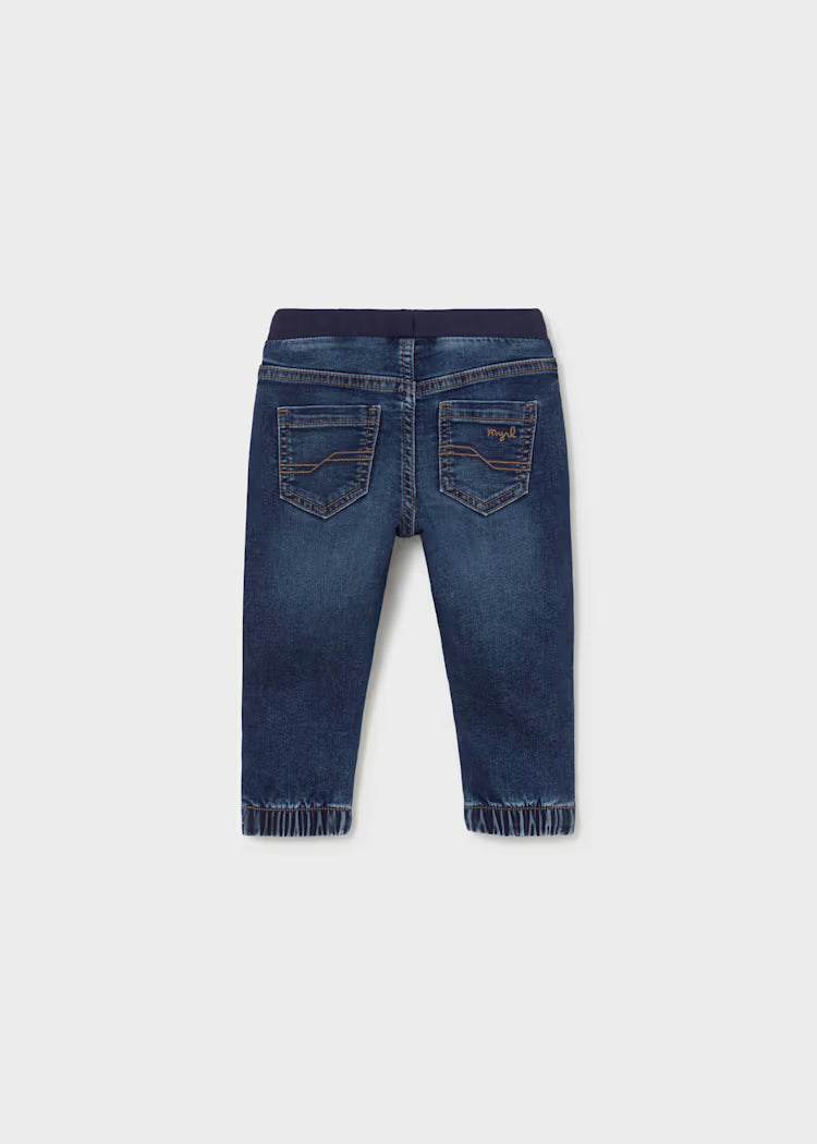 PANTALONE SOFT DENIM JOGGER bambino blu denim con elastico in vita e fondo, tasche posteriori con ricamo decorativo