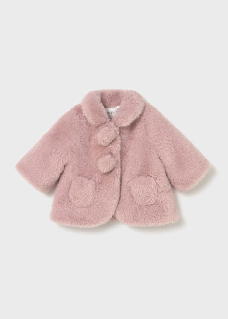 Pink fluffy baby girl coat with pompom buttons and front pockets, CAPPOTTO PELLICCIA style