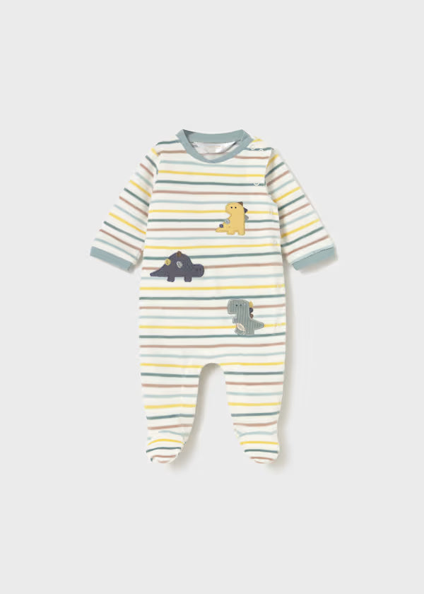 Tutina ciniglia righe neonato con ricami dinosauri e bottoni a pressione, cotone morbido e caldo