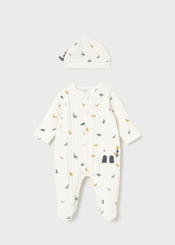 Tutina con cappello neonato bianco con stampa dinosauri e ricami, pigiama manica lunga con chiusura a bottoni e piedini, cappello caldo e flessibile