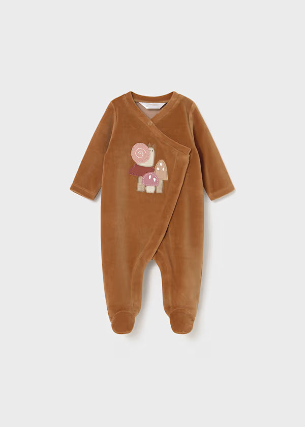 Tutina LUMACHINA MAYORAL GIRL brown long sleeve baby romper with side snap buttons and decorative snail embroidery