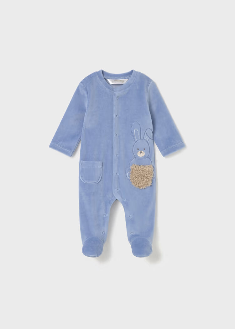 Tutina coniglietto baby blue long sleeve cotton romper with embroidered bunny and front snap buttons