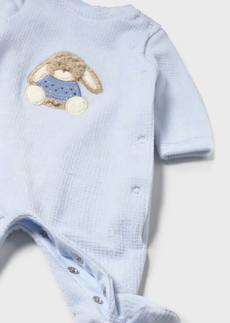 tutina quadretti coniglio in cotone azzurro per neonato con chiusura a bottoni e ricamo coniglio