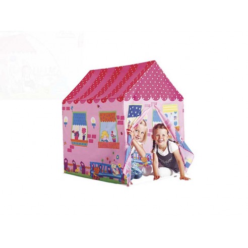 Gioco tenda casa rosa a tema unicorni e castelli per bambini, facile da montare e stimola creatività.