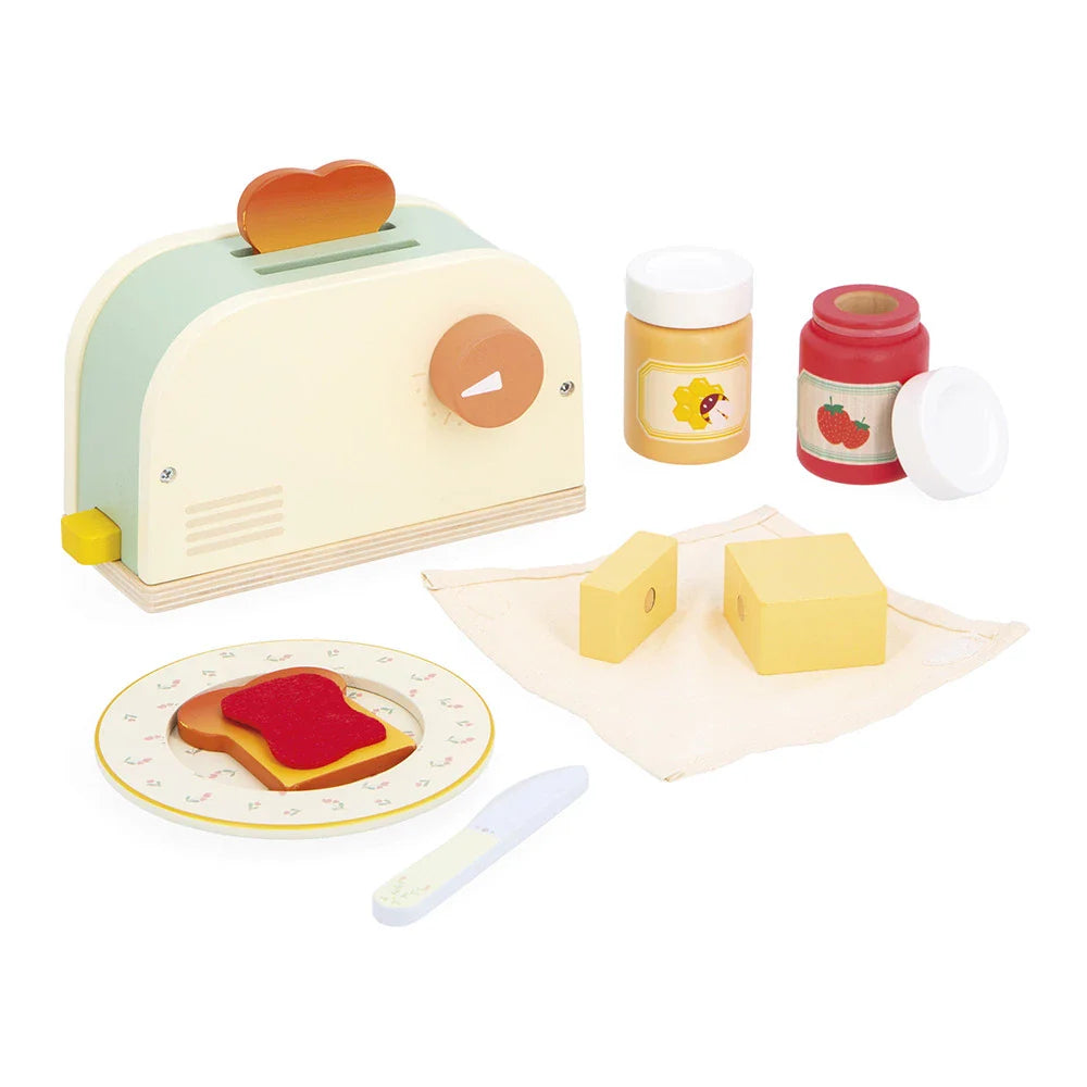 Set gioco in legno tostapane per bambini con accessori per colazione imitazione, sostenibile e educativo.