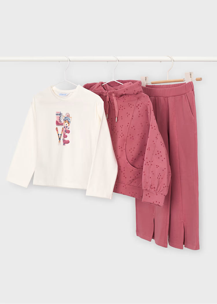 TUTA 3PZ STELLINE completa da felpa con cappuccio rosa con stelle, pantaloni rosa e maglietta bianca con stampa colorata