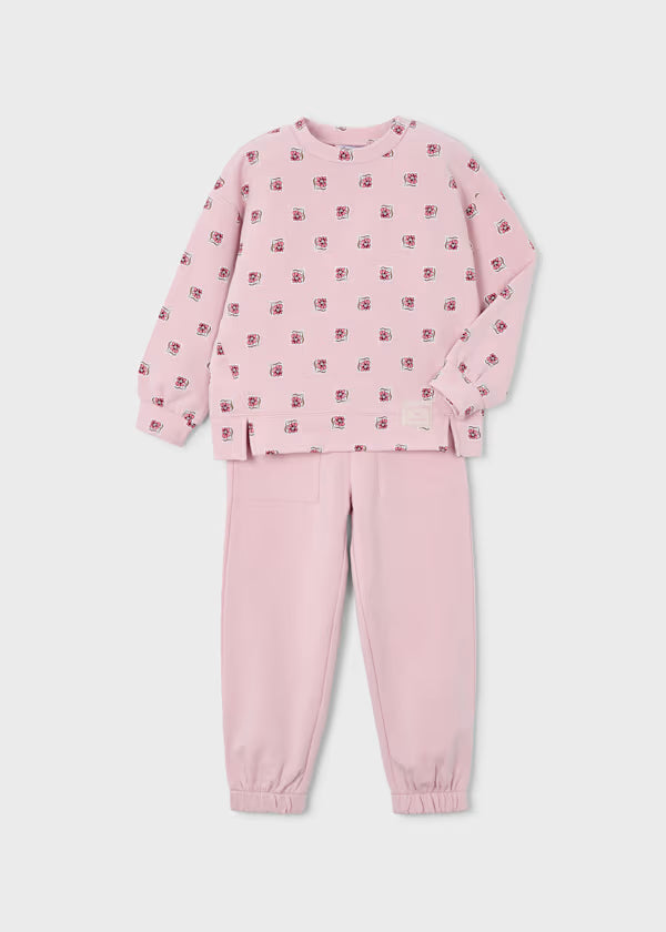 TUTA STAMPATA MAYORAL GIRL pink printed girl’s sweatshirt and jogger set with elastic cuffs and pockets