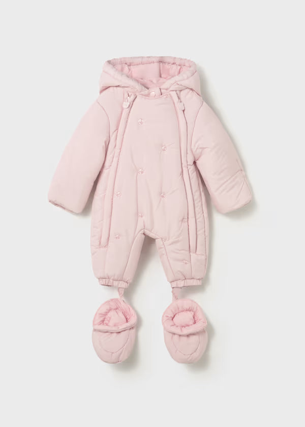 Pink tuta termica for newborn girl with hood and attached booties
