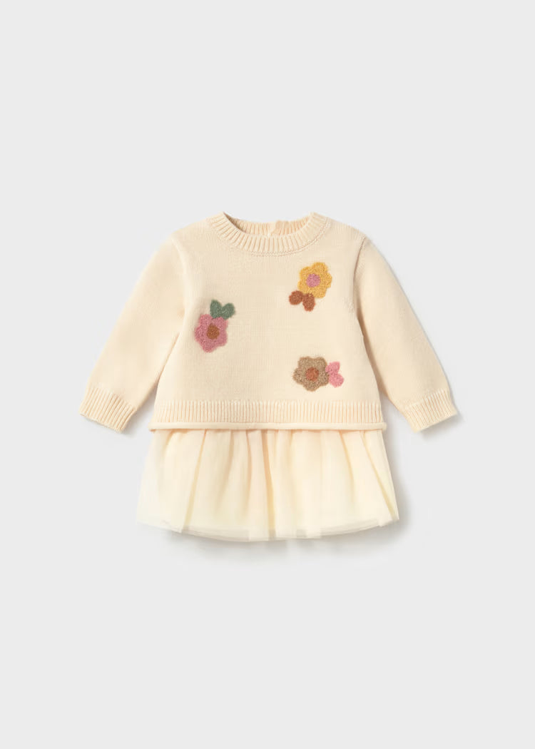 VESTITO TRICOT TULLE crema con maglione in lana a maniche lunghe decorato con fiori colorati e gonna in tulle morbido.