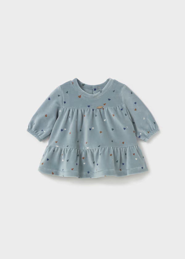 VESTITO VELLUTO FIORI azzurro in velluto, con fantasia floreale, maniche lunghe e gonna a balze